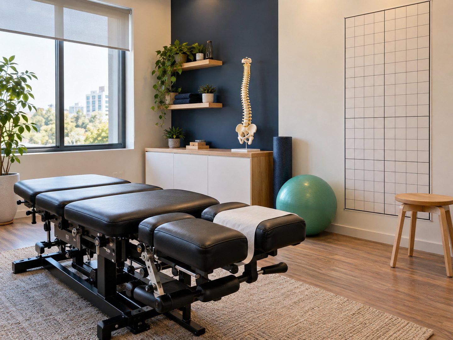 Sala de avaliação postural com maca de quiropraxia, grade de postura e modelo de coluna