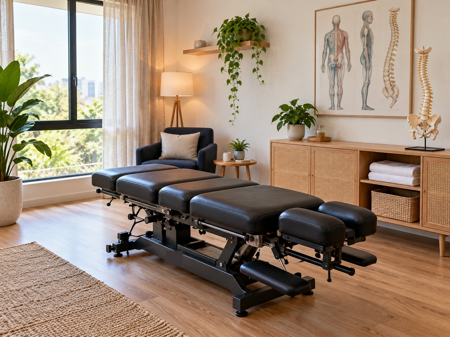 Sala de atendimento com maca de quiropraxia, modelo de coluna e quadro de postura